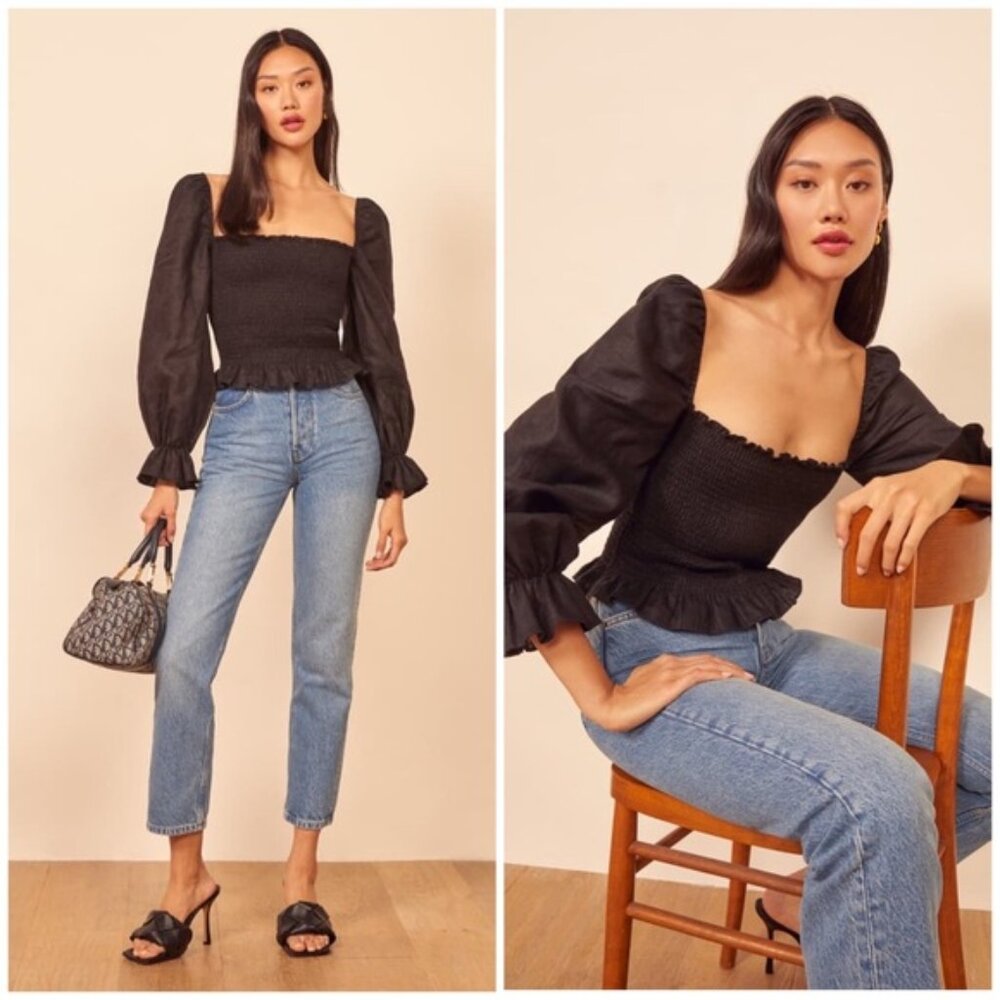 Reformation Smocked Square Neck Top Feminine Black Top XS